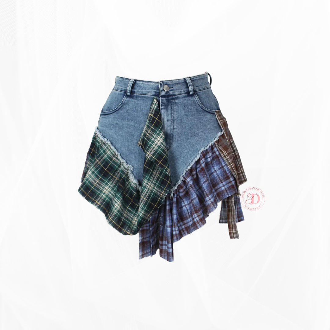 Plaid Patchwork Denim Skirt