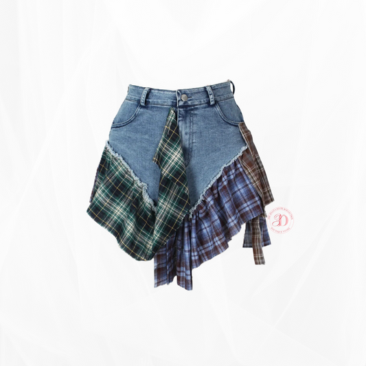 Plaid Patchwork Denim Skirt