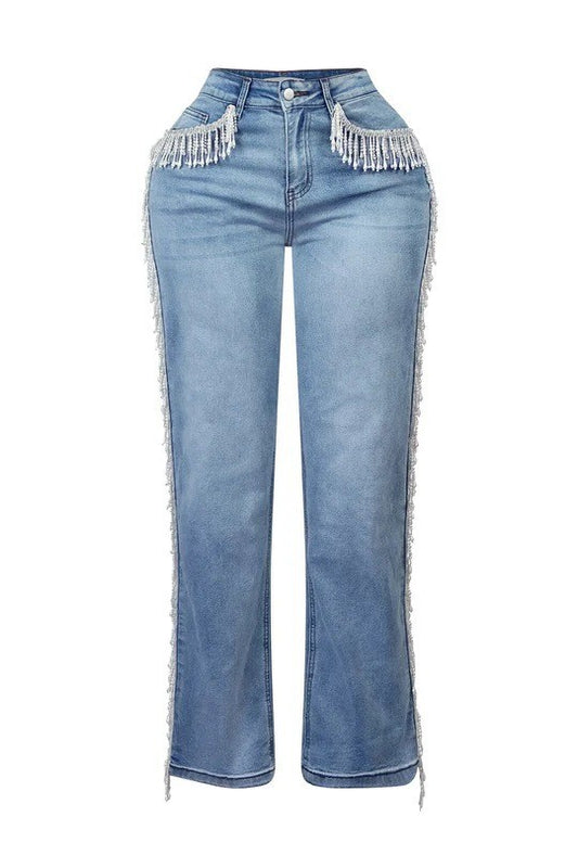 Straight Leg Tassel Jeans